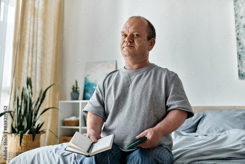 A man with inclusivity sits on a bed, holding a book and a phone, looking thoughtfully ahead. A man with inclusivity sits on a bed, holding a book and a phone, looking thoughtfully ahead.