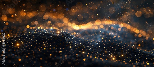 Abstract Digital Landscape with Glowing Golden and Blue Bokeh Lights and Network Connections in a Dark Background © Sunshine