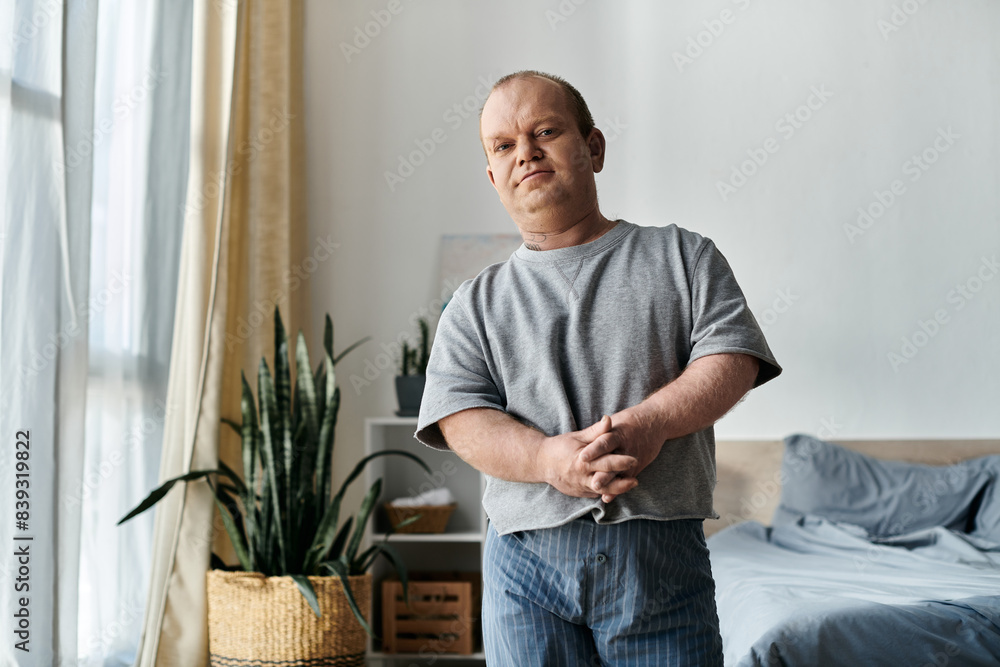 A man with inclusivity stands in his home, looking towards the camera. A man with inclusivity stands in his home, looking towards the camera.