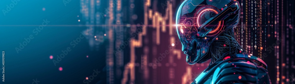 Futuristic Cybernetic Robot with Neon Lights in a Digital Matrix Environment, Showcasing Advanced Technology and Artificial Intelligence in a Sci-Fi Setting Futuristic Cybernetic Robot with Neon Lights in a Digital Matrix Environment, Showcasing Advanced Technology and Artificial Intelligence in a Sci-Fi Setting