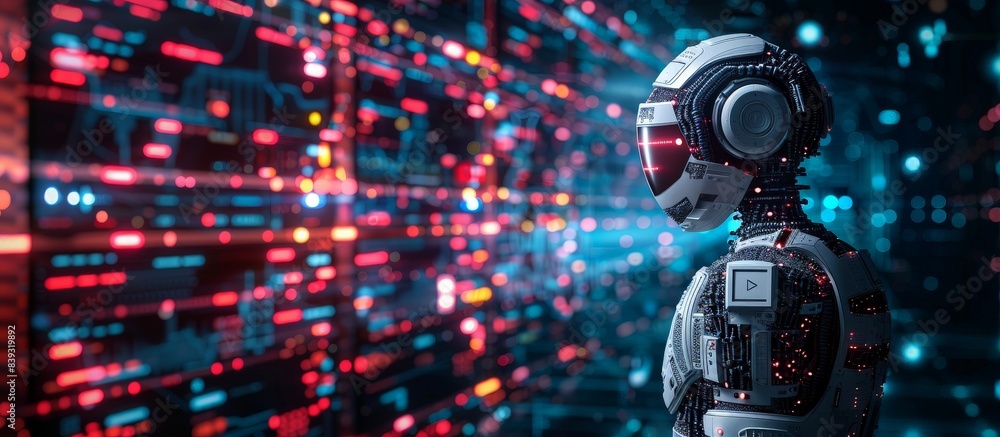 Futuristic Robot Analyzing Data in a High-Tech Digital Environment with Neon Lights and Advanced Technology Futuristic Robot Analyzing Data in a High-Tech Digital Environment with Neon Lights and Advanced Technology