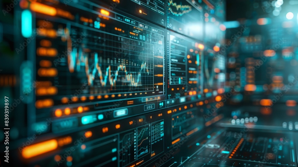 Futuristic Digital Data Interface with Graphs and Analytics on Multiple Screens in a High-Tech Environment Futuristic Digital Data Interface with Graphs and Analytics on Multiple Screens in a High-Tech Environment