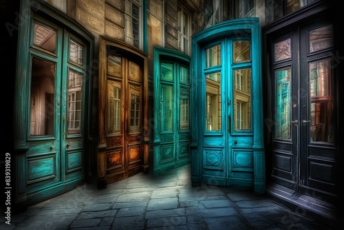 Inexplicable Surreal doors choices. Future way. Generate Ai photo