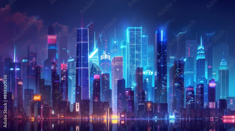 A futuristic city skyline with illuminated skyscrapers at night, creating a dazzling and vibrant urban landscape A futuristic city skyline with illuminated skyscrapers at night, creating a dazzling and vibrant urban landscape