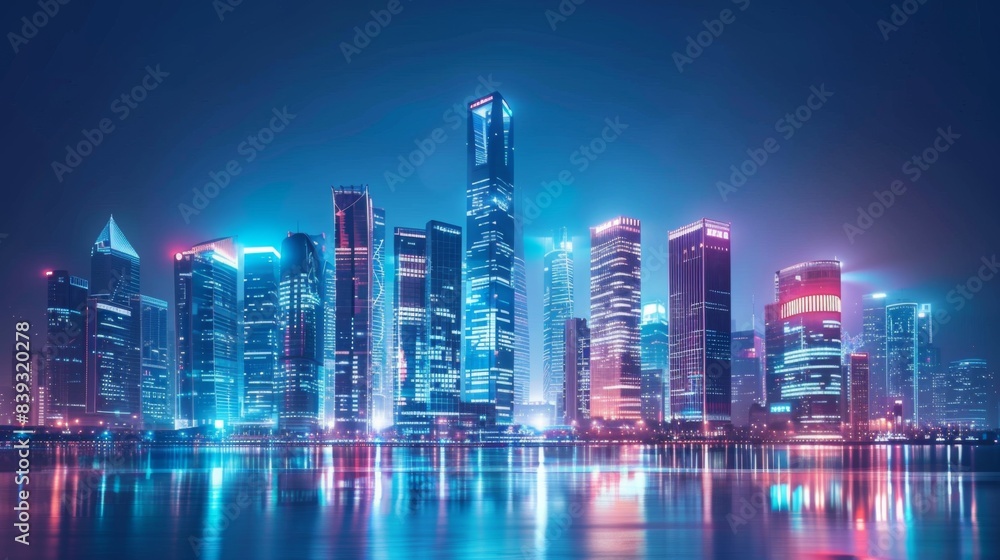 A futuristic city skyline with illuminated skyscrapers at night, creating a dazzling and vibrant urban landscape A futuristic city skyline with illuminated skyscrapers at night, creating a dazzling and vibrant urban landscape