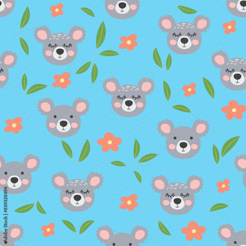 Fototapeta premium Seamless pattern with cute koala animal faces. Illustration in boho style, dream catcher, cactus, palm trees, tropics