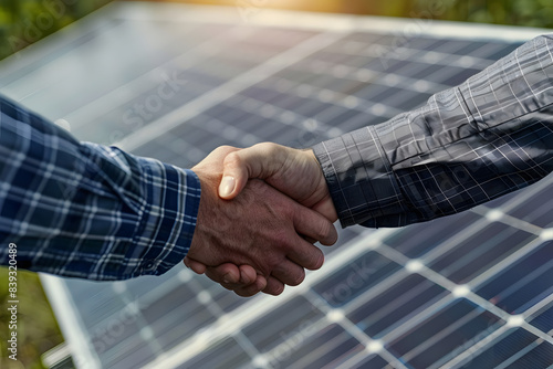 Mockup, handshake, solar panel business, and environmental cooperation. Zoom, men and employees collaborate, get green, or create electricity or meetings. photo