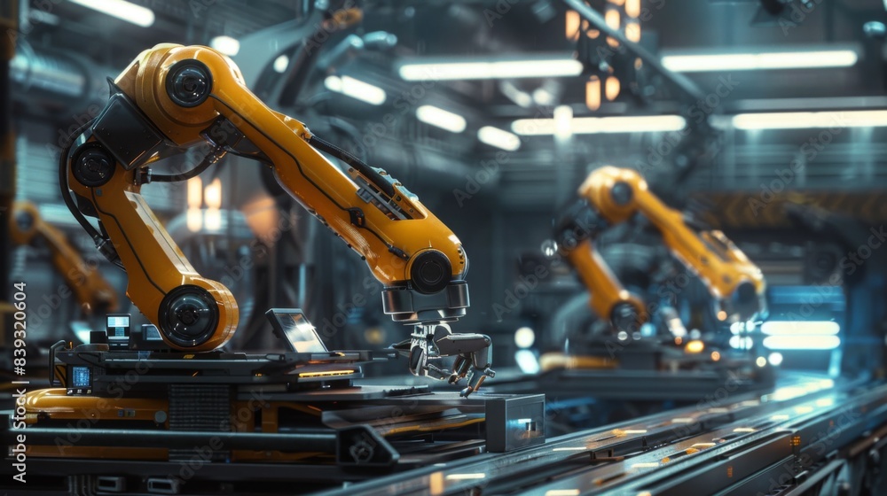 A futuristic industrial facility with robotic arms and automation technology, depicting advancements in global manufacturing A futuristic industrial facility with robotic arms and automation technology, depicting advancements in global manufacturing