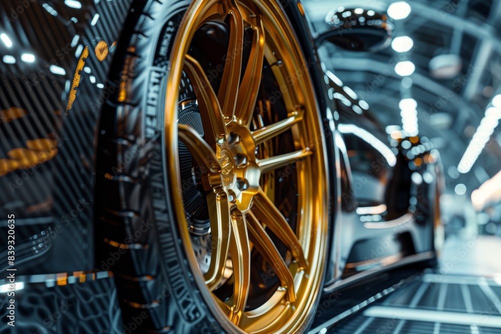 Close-up of Custom Car Wheels and Tires Showcasing Unique Design Materials for High-Quality Automotive Appeal Close-up of Custom Car Wheels and Tires Showcasing Unique Design Materials for High-Quality Automotive Appeal