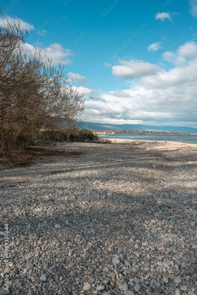 vue sur le lac Léman depuis la plage de Versoix en hiver vue sur le lac Léman depuis la plage de Versoix en hiver
