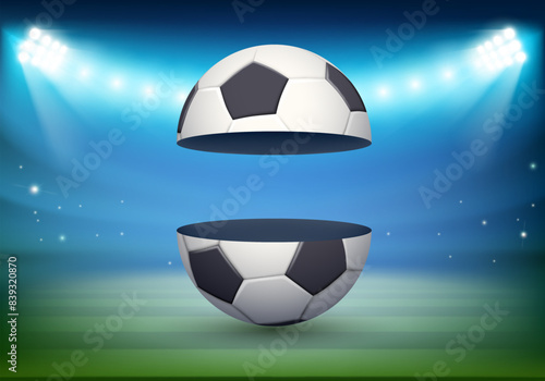 Open empty soccer ball on the stadium field. Stock vector illustration