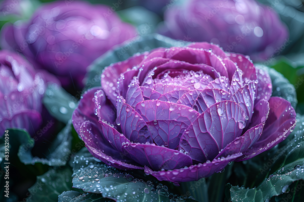 Obraz premium Purple ornamental cabbage blooming in a Japanese winter garden.