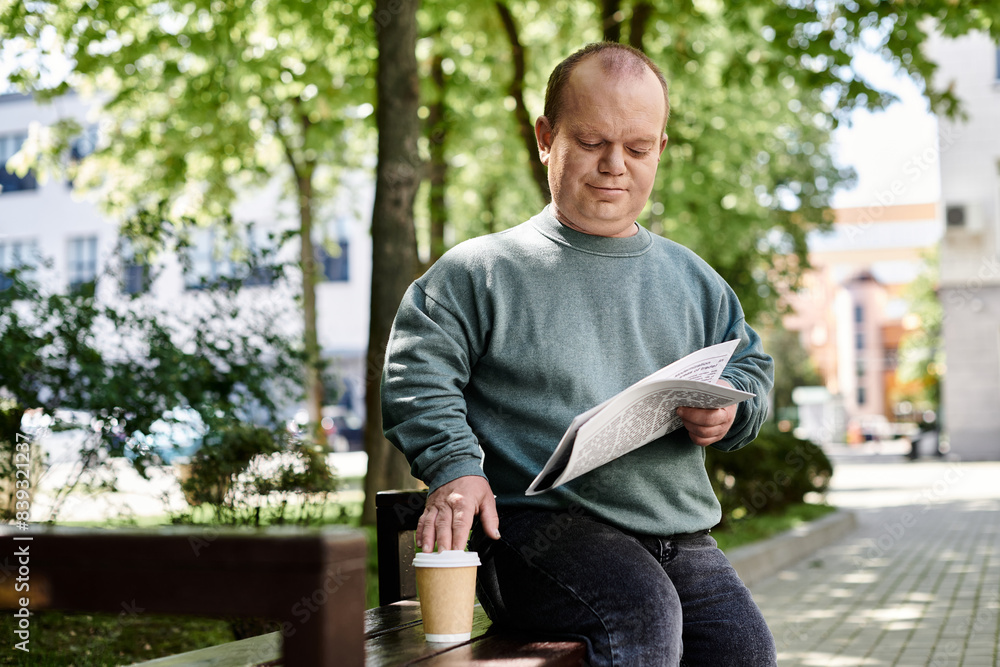Fototapeta premium A man with inclusivity sits on a park bench, reading a newspaper and enjoying a cup of coffee.
