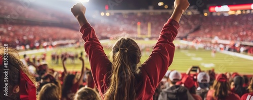 Female sports fan cheering at a college football game