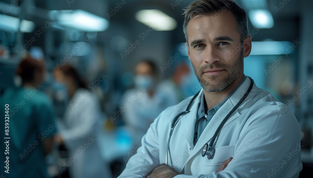 Confident doctor in lab coat, shallow depth of field, focused lighting, medical team blurred behind Confident doctor in lab coat, shallow depth of field, focused lighting, medical team blurred behind