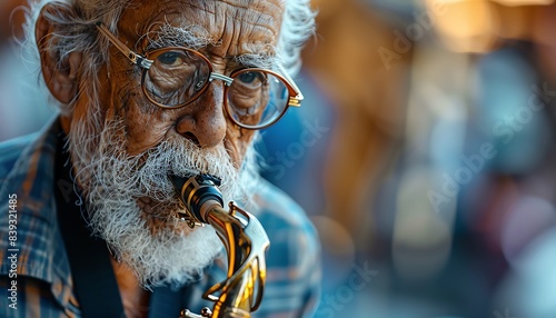 Elderly saxophonist playing, closeup, soulful expression, natural light