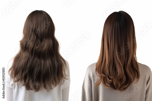 Woman before and after hair treatment on white background, Stunning Before and After Hair Treatment Transformations on a White Background, Incredible Hair Treatment Results, Before and After Photos of