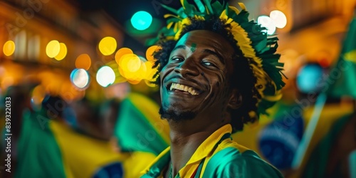 Street Performer Juggling Brazilian Flags in Evening City Lights