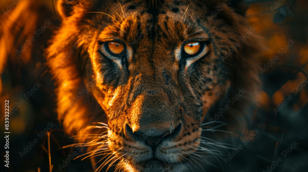 A lion with a yellow eye staring at the camera
A lion with a yellow eye staring at the camera
