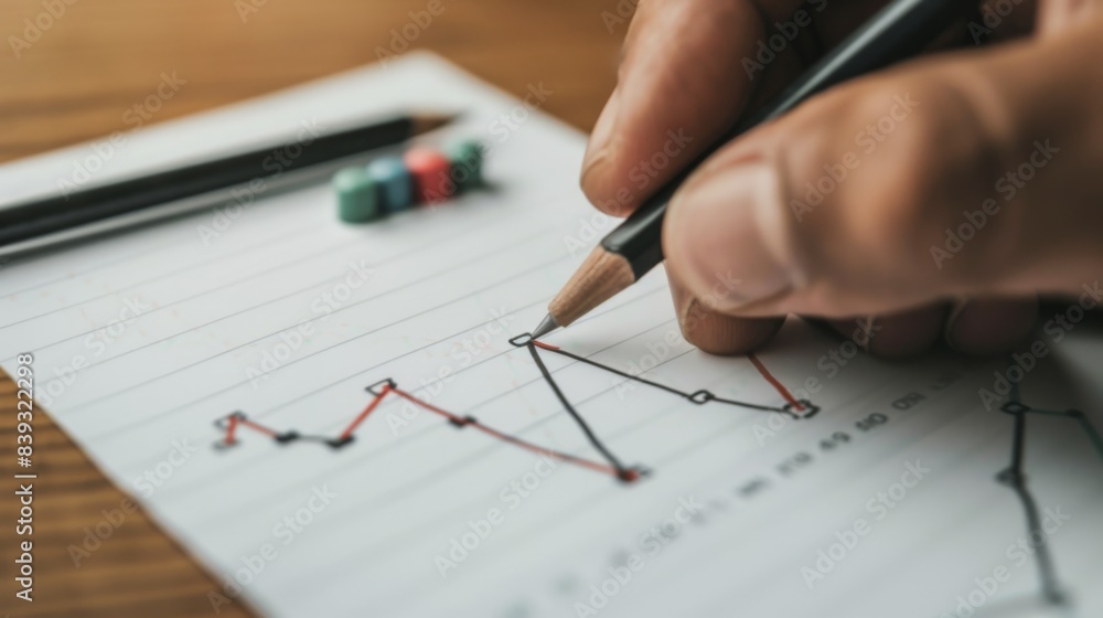 A hand drawing a trend line on a stock market chart, illustrating technical analysis techniques used by investors A hand drawing a trend line on a stock market chart, illustrating technical analysis techniques used by investors