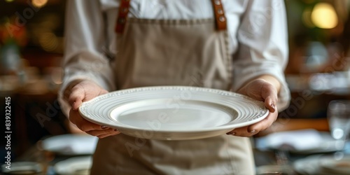 Waiter in Checkered Apron Holding an Empty White Plate in a Restaurant