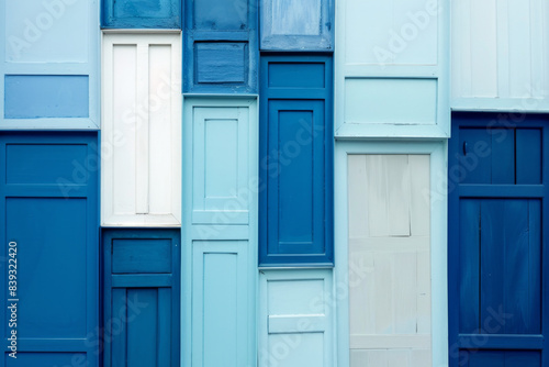 Several minimalist doors, partially overlapping, in varying shades of blue. The background is white, and the overlapping doors create an abstract pattern 