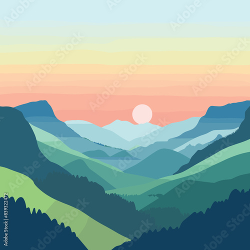 Landscape illustration depicting colorful mountain layers sunrise. Serene nature scene sunrise over hills digital art. Abstract sunrise mountains tranquil peaceful background design