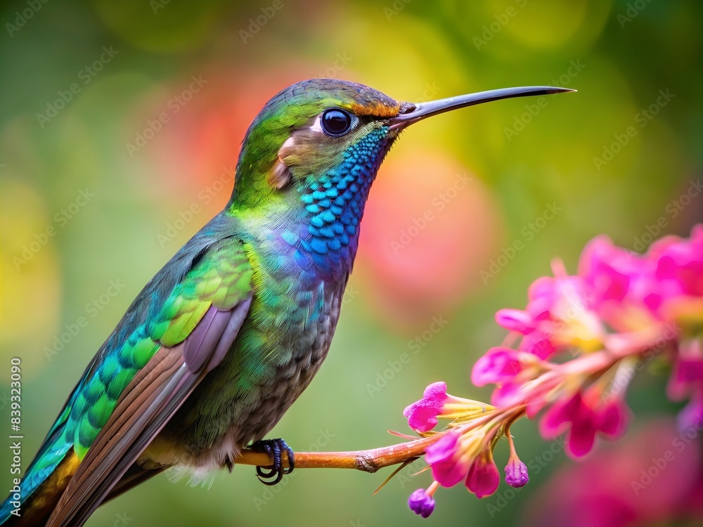 A vibrantly colored bee-eater with a long beak perches on a branch, while a tiny hummingbird hovers nearby, its wings a blur as it sips nectar from a flower A vibrantly colored bee-eater with a long beak perches on a branch, while a tiny hummingbird hovers nearby, its wings a blur as it sips nectar from a flower
