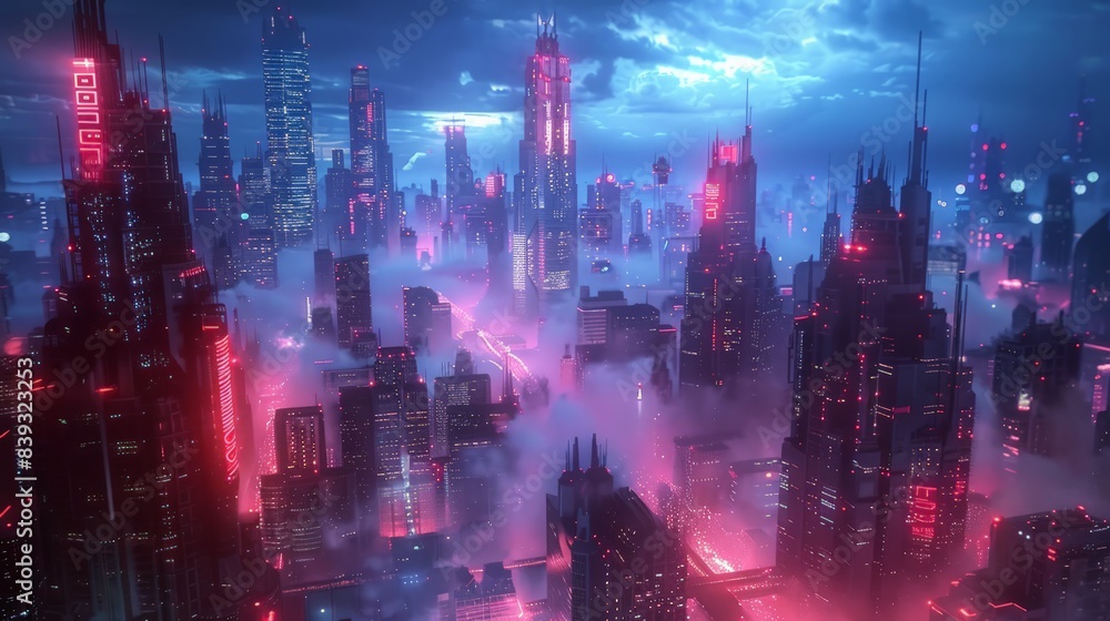 Obraz premium Sci-Fi Cityscape: futuristic sci-fi cityscape with advanced architecture, glowing neon lights, and hovering vehicles,