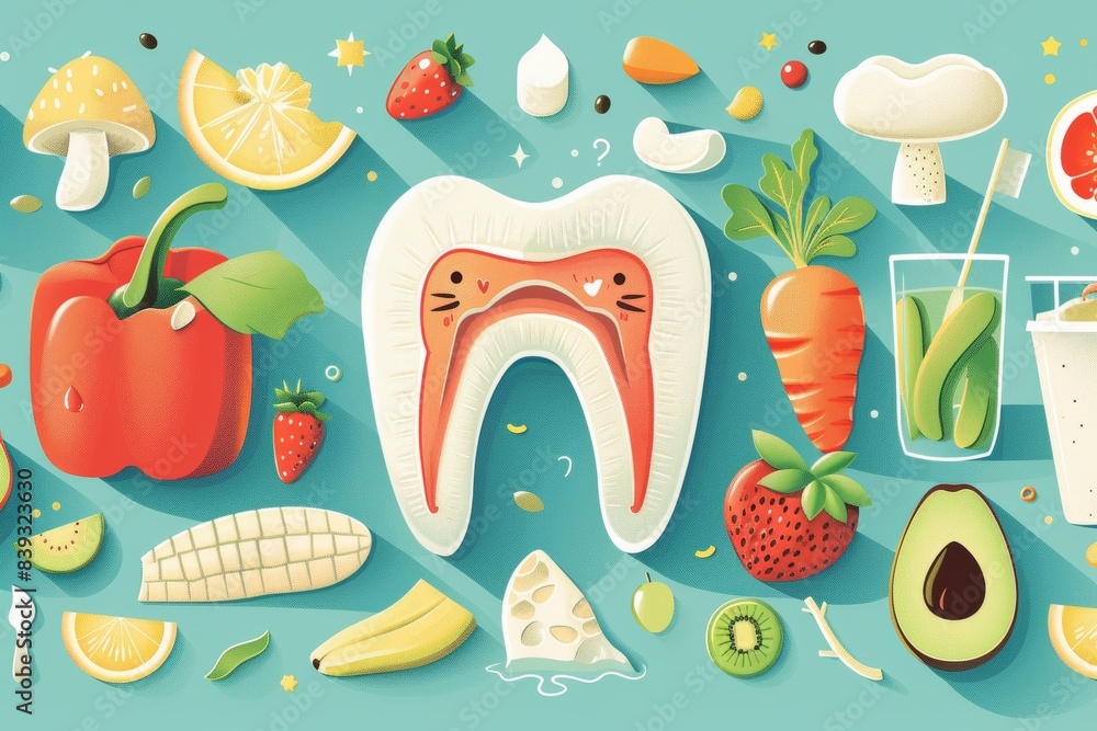 Naklejka premium Colorful Infographic of Top 10 Foods for Healthy Teeth with Fun Illustrations and Facts