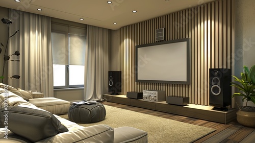 Modern Home Theater Setup with Wall-Mounted TV  Surround Sound System  and Contemporary Furniture