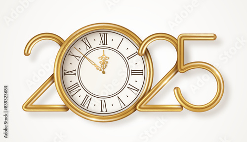 Merry Christmas and Happy New Year banner 2025 gold numbers. Vector illustration. Winter holiday decoration, golden vintage clock logo. Place for text. Xmas card poster, flyer
