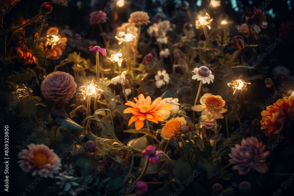 Magical evening scene of a diverse garden with flowers lit by fairy lights Magical evening scene of a diverse garden with flowers lit by fairy lights