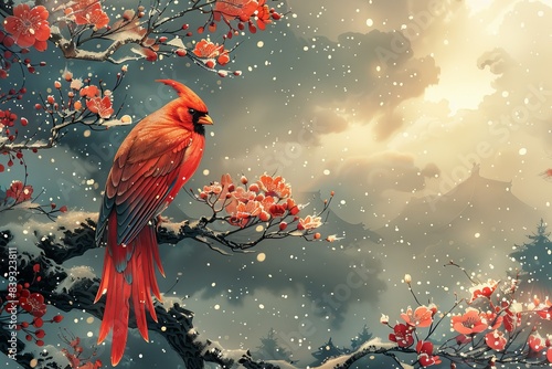 A striking red cardinal bird perches on a snow-covered branch among winter berries in a serene setting photo