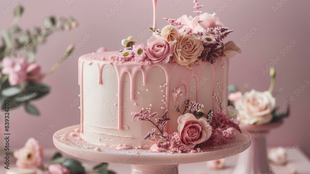 A blush pink birthday cake with elegant floral decorations, in front of a soft blush background being poured to create a romantic and sophisticated effect. A blush pink birthday cake with elegant floral decorations, in front of a soft blush background being poured to create a romantic and sophisticated effect.