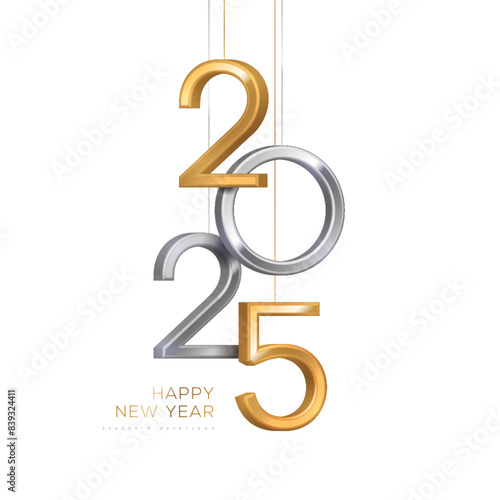 2025 silver and gold numbers hanging on white background. Vector illustration. Minimal logo invitation design for Merry Christmas and Happy New Year. Winter holiday poster brochure voucher