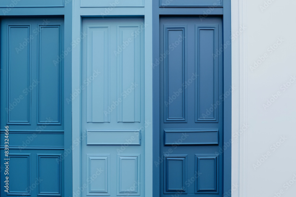 Several minimalist doors, partially overlapping, in varying shades of blue. The background is white, and the overlapping doors create an abstract pattern Several minimalist doors, partially overlapping, in varying shades of blue. The background is white, and the overlapping doors create an abstract pattern