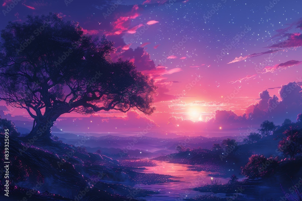 Fototapeta premium A vividly colored dreamlike landscape featuring a lone tree under a star-filled twilight sky