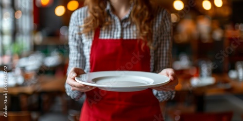 Waiter in Red Apron Holding an Empty White Plate in a Restaurant