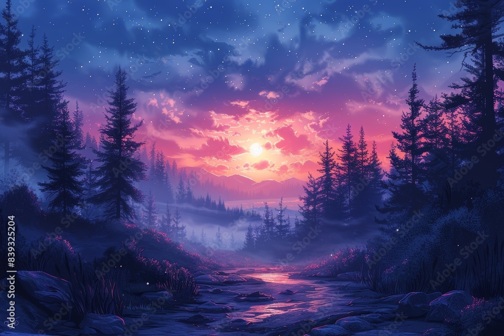 Enchanting view of a purple-hued forest during sunrise, with mist and a serene stream in a digital painting Enchanting view of a purple-hued forest during sunrise, with mist and a serene stream in a digital painting