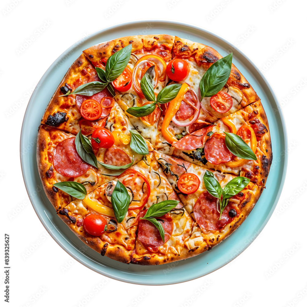 Delicious cheesy Italian pizza on a plate, isolated on transparent background Delicious cheesy Italian pizza on a plate, isolated on transparent background