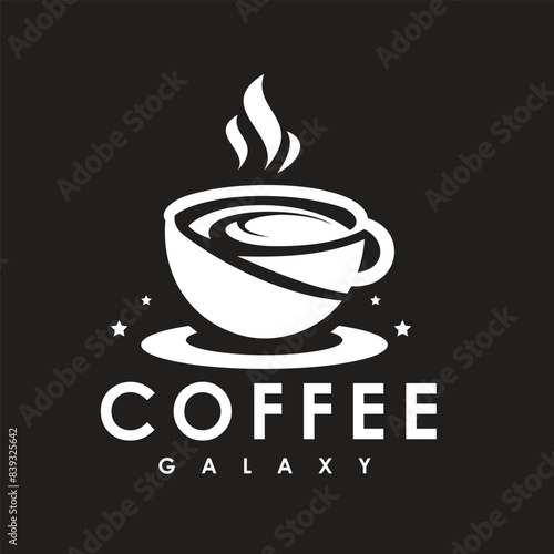 Illustration of a coffee cup with warm smoke on a galaxy-like background. Coffee design logo