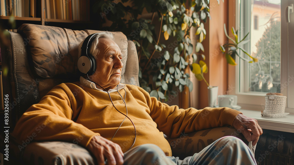 Elderly gentleman with headphones, lost in music while resting in an armchair near a window Elderly gentleman with headphones, lost in music while resting in an armchair near a window