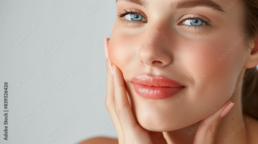 Elegant woman softly touching her face, serene expression, clear background, closeup portrait Elegant woman softly touching her face, serene expression, clear background, closeup portrait
