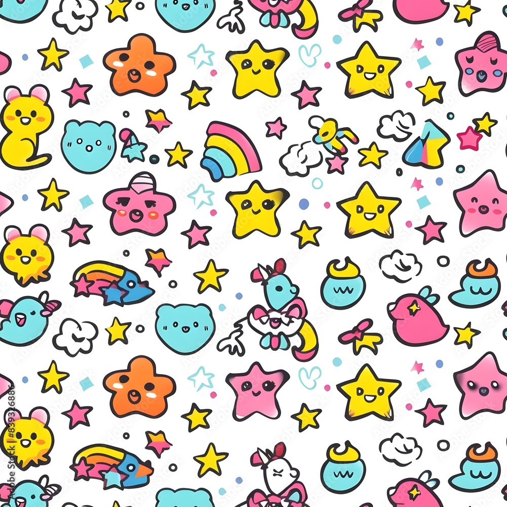 Seamless pattern in children's fantasy style in pastel children's colours, depicts fantasy creatures, Kind children's design,for children's textiles