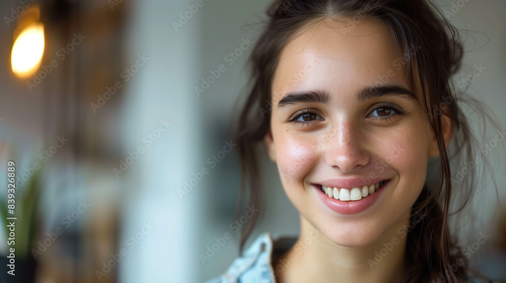 young woman with flawless teeth showing a radiant smile in a sleek dental office young woman with flawless teeth showing a radiant smile in a sleek dental office