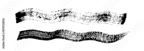Wavy line vector ink brush strokes. Black hand drawn stripes, smears. Chinese or Japanese calligraphy brushstrokes set. Thick wiggly ink textured brush lines on paper