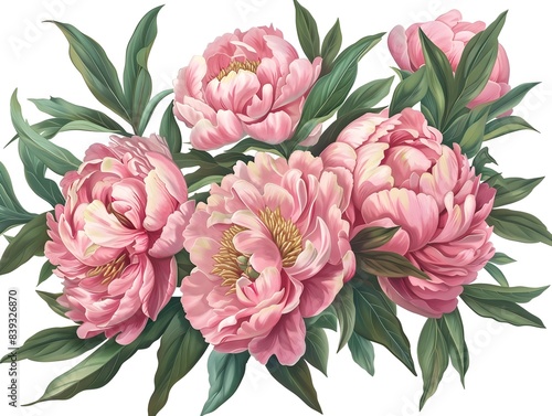 A Cluster of Beautiful Pink Peonies with Lush Green Leaves in Full Bloom