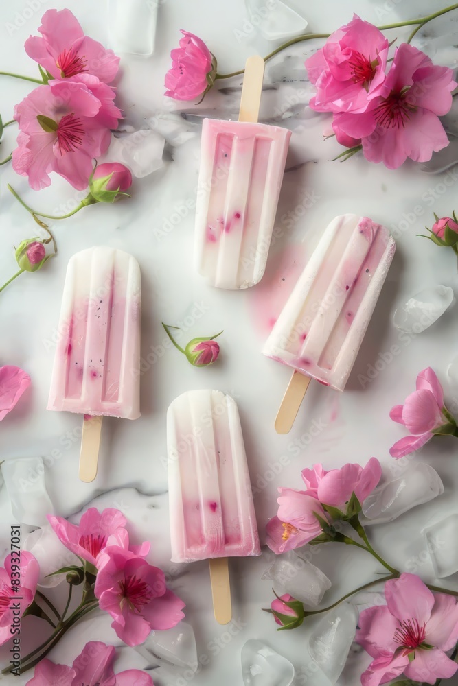 Pink popsicle with fresh flowers, ice cubes and waterdrops on white marble background. Flat lay, top view, copy space. Natural homemade icecream. Summer concept for banner, poster, web Pink popsicle with fresh flowers, ice cubes and waterdrops on white marble background. Flat lay, top view, copy space. Natural homemade icecream. Summer concept for banner, poster, web