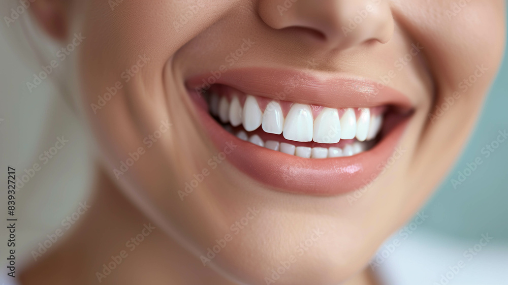 Fototapeta premium young woman with flawless teeth showing a radiant smile in a sleek dental office